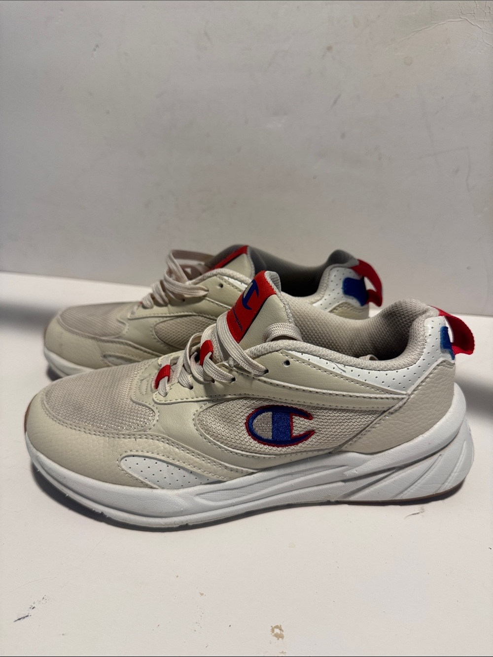 Champion Kids Cream Sneakers with Red & Blue Logo Accents